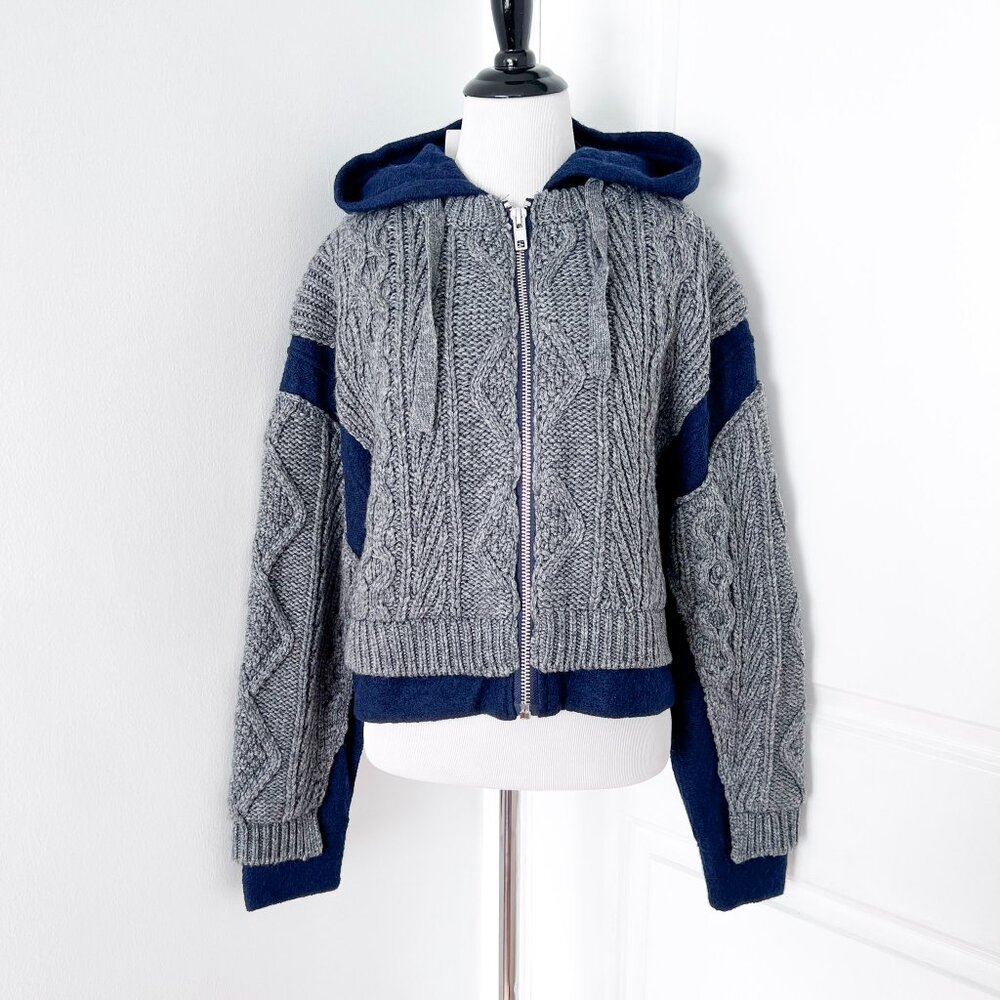 Zara Navy Blue and Grey Combination Knit Zippered Sweater With Hood